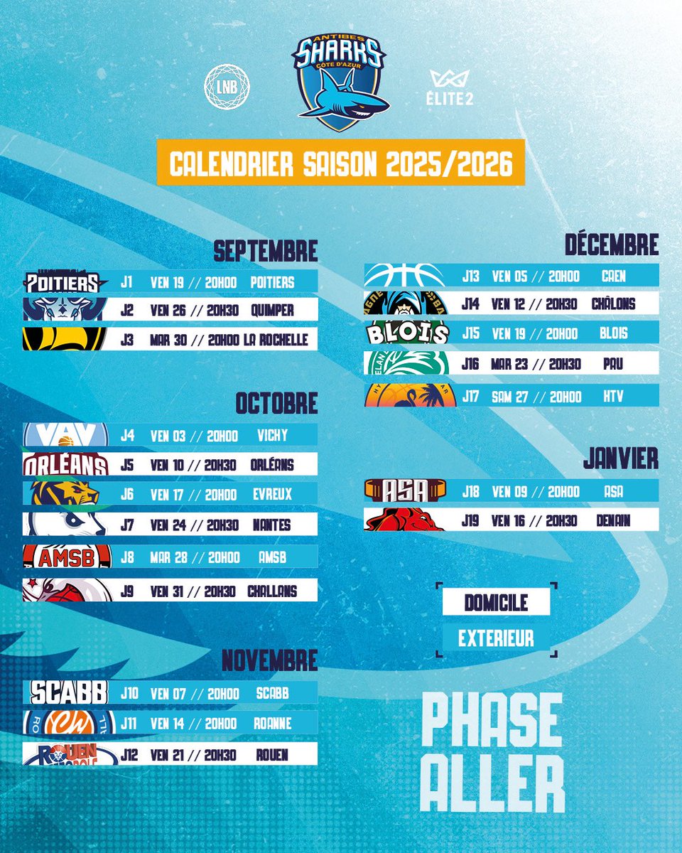 AntibesSharks's tweet image. 🗓️ 𝗖𝗮𝗹𝗲𝗻𝗱𝗿𝗶𝗲𝗿 𝟮𝟬𝟮𝟱/𝟮𝟬𝟮𝟲 🦈
💥 Découvrez le calendrier de la nouvelle saison d’Elite 2 de nos Sharks‼️
✈️ Match d’ouverture du côté de Poitiers le 19/09 ⛹️♂️
🏟️ Première rencontre à l’Azurarena le 26/09 face à Quimper 🐏
🔵 À bientôt à l’Azurarena ⚪️
#GoSharks