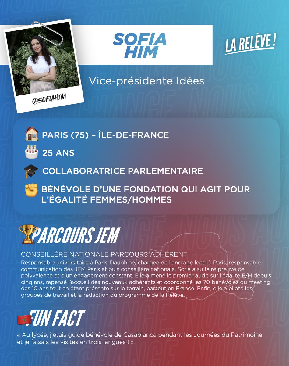 LaReleve2025's tweet image. 🚀 Bienvenue à Sofia Him, notre future VP Idées !
🔥 À son actif : 10 ans des JAM, audit égalité F/H, programme de La Relève
✊ Militante pour l’égalité femmes-hommes
❤️ Fun fact : guide trilingue à Casablanca 🇲🇦
👉 Envie de faire bouger les lignes ? Rejoins La Relève !