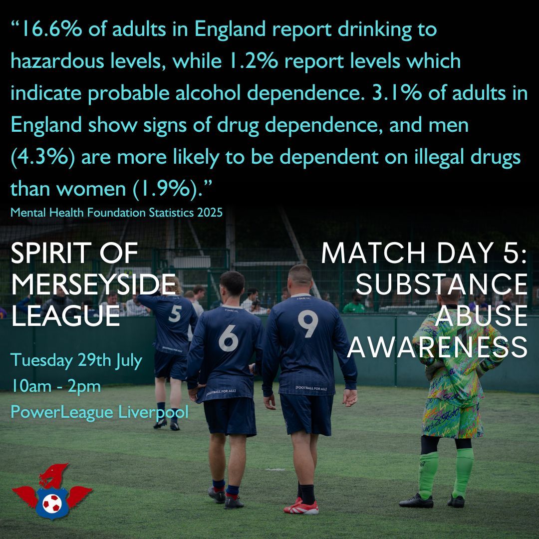 Each of our Spirit of Merseyside League match days are themed, with this month focussing on substance abuse. 

We aim to reduce the stigma around sensitive topics like this, and ensure our match days are safe spaces, free of judgement, that allow for conversation and discussion.
