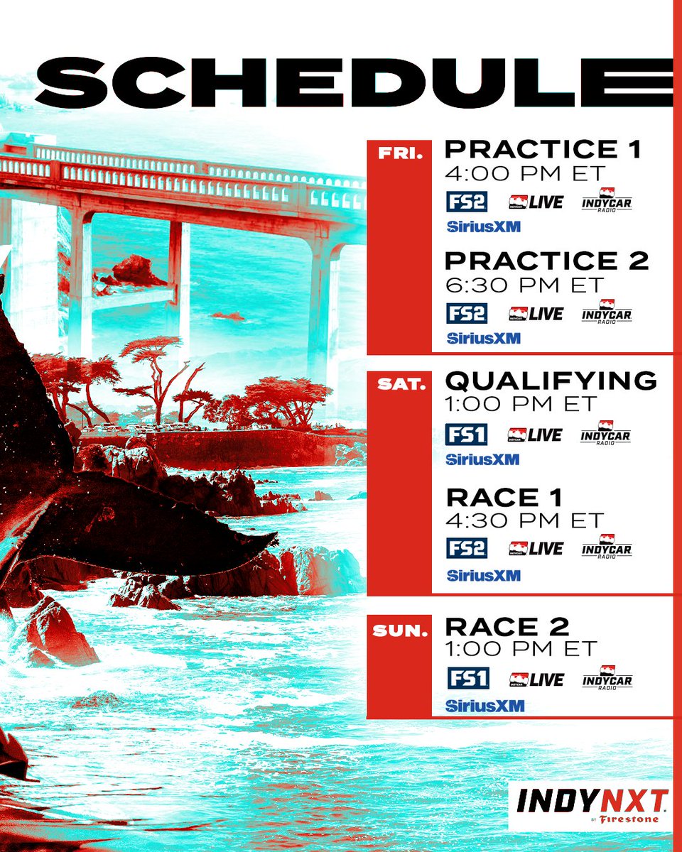 INDYNXT's tweet image. Goinβ to the Golden State ποΈ
πΊ: Grand Prix of Monterey Race 1 - Saturday at 4:30 PM ET on FS2
πΊ: Grand Prix of Monterey Race 2 - Sunday at 1:00 PM ET on FS1
