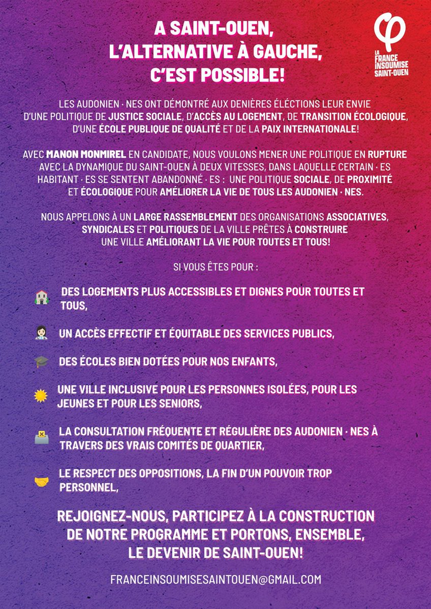 LFIsaintouen's tweet image. L’alternative est possible à Saint-Ouen !
LFI Saint-Ouen, avec Manon Monmirel, appelle à un rassemblement des organisations politiques, syndicales et associatives, pour améliorer la vie ✊
Rejoignez-nous et contribuez au programme !
✉️ franceinsoumisesaintouen@gmail.com