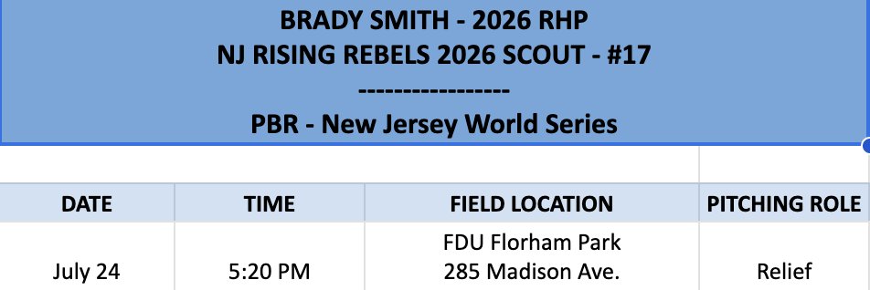 Brady Smith (@brady_smitty_17) on Twitter photo I will be pitching tomorrow at 5:20 PM at FDU Florham out of relief for the <a href="/njrisingrebels/">NJ Rising Rebels</a> in the PBR New Jersey World Series.
<a href="/Diamond_Scouts/">Diamond Scouts</a> I will be pitching tomorrow at 5:20 PM at FDU Florham out of relief for the <a href="/njrisingrebels/">NJ Rising Rebels</a> in the PBR New Jersey World Series.
<a href="/Diamond_Scouts/">Diamond Scouts</a>