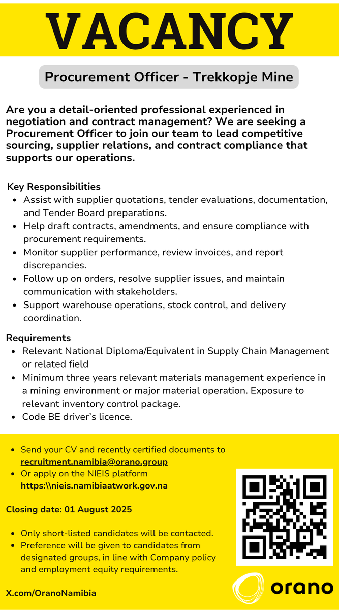 Vacancy alert‼️ 

Apply:
📩 via e-mail at recruitment.namibia@orano.group
🌐 on the Namibia at Work portal at nieis.namibiaatwork.gov.na 

🗓️Application deadline: 01 August 2025