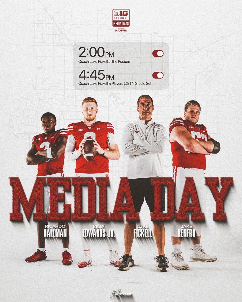 Wisconsin Football (@badgerfootball) on Twitter photo Catch our guys and <a href="/CoachFick/">Luke Fickell</a> live on <a href="/BigTenNetwork/">Big Ten Network</a> for Media Day‼️
#OnWisconsin x #B1GMediaDays Catch our guys and <a href="/CoachFick/">Luke Fickell</a> live on <a href="/BigTenNetwork/">Big Ten Network</a> for Media Day‼️
#OnWisconsin x #B1GMediaDays