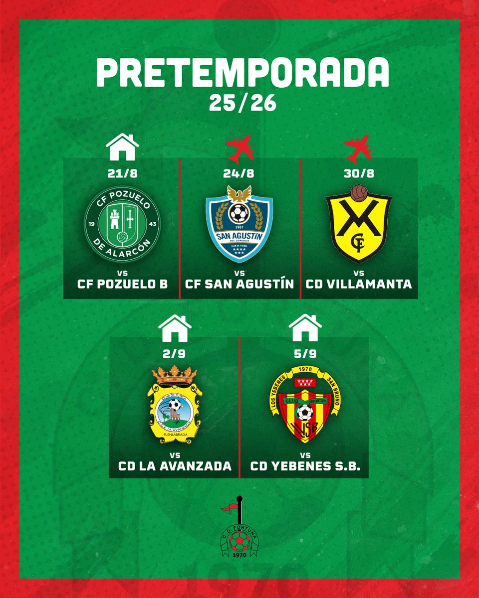PRIMER EQUIPO | PRETEMPORADA

Estos serán nuestros enfrentamientos durante la preparación de la temporada. Los horarios se publicarán cuando estén confirmados. 

🏠 <a href="/Cfpozuelo/">CF Pozuelo</a> 
✈️ <a href="/CF_SanAgustin/">CF San Agustín</a> 
✈️ <a href="/cd_villamanta/">CD Villamanta</a> 
🏠 <a href="/CDE_LaAvanzada/">C.D.E La Avanzada</a> 
🏠 <a href="/LosYebenesSB/">C.D. Los Yébenes San Bruno</a> 

#VamosFortuna