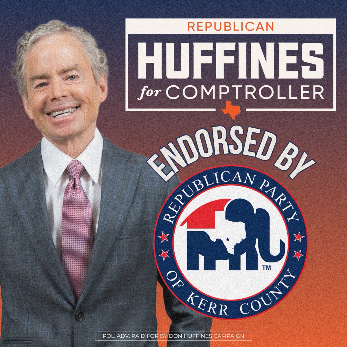 DonHuffines's tweet image. Wow! I am honored to have just learned that THE Kerr County Republican Party has endorsed my campaign for Texas Comptroller.
These are true conservatives who believe in limited government, fiscal discipline, and Texas values.