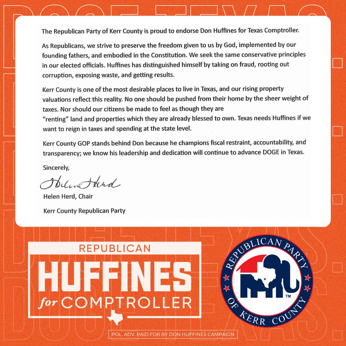 DonHuffines's tweet image. Wow! I am honored to have just learned that THE Kerr County Republican Party has endorsed my campaign for Texas Comptroller.
These are true conservatives who believe in limited government, fiscal discipline, and Texas values.