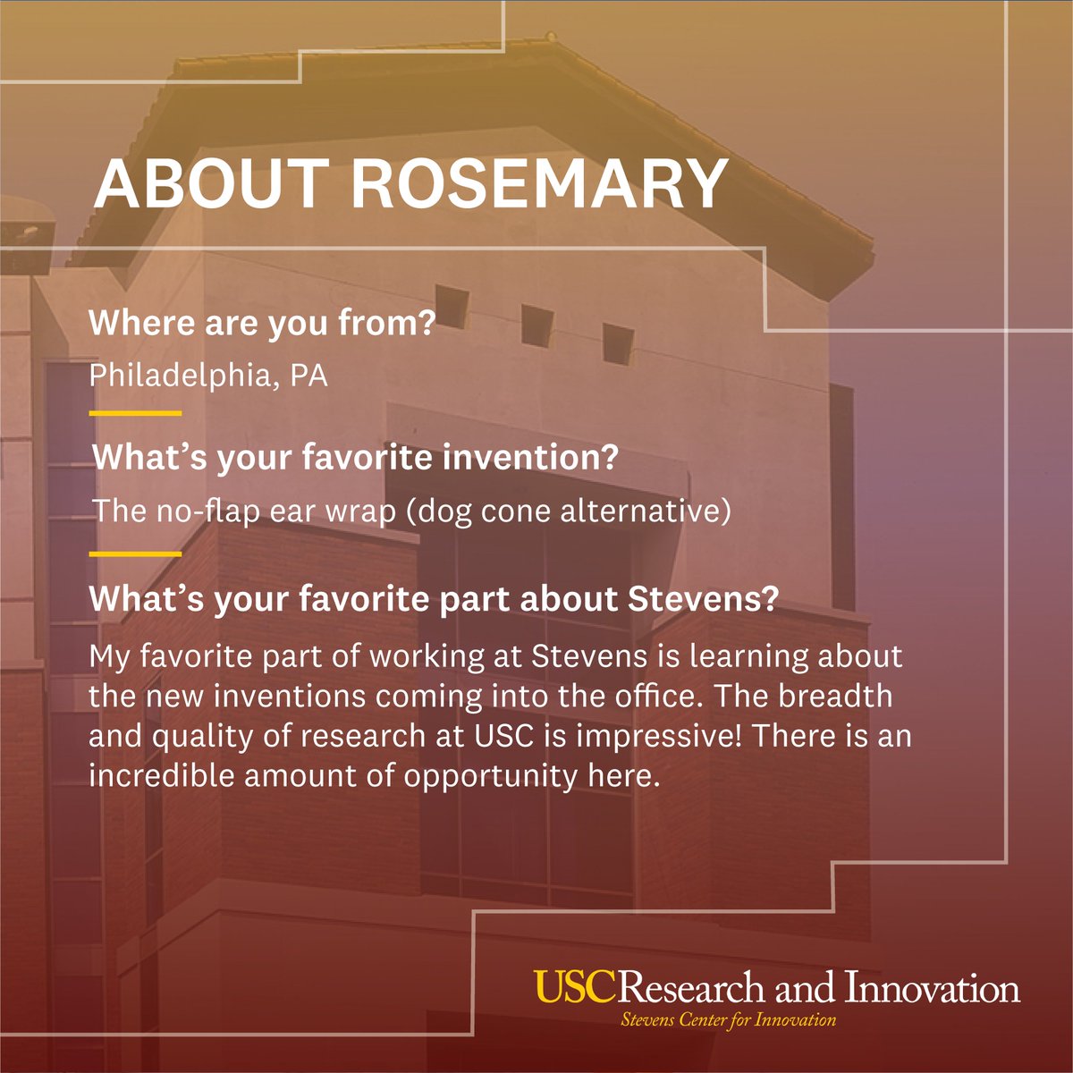 USCStevens's tweet image. We want to spotlight our Director of Technology Licensing, Dr. Rosemary Kiser. She leads the #licensing team and manages a portfolio of @USC inventions. Previously, Dr. Kiser worked at Caltech and brought a wealth of #tto knowledge!
Learn more: stevens.usc.edu/directory/