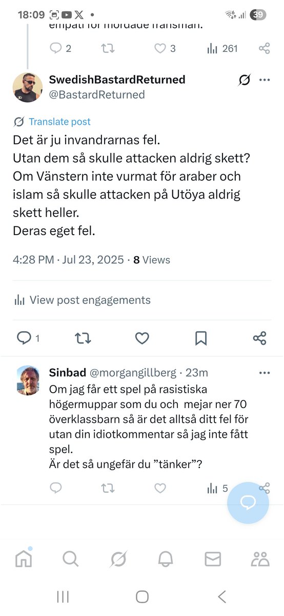 BastardReturned's tweet image. Så lilla vänsterfittan @morgangillberg jämför en kommentar på X likvärt med att "meja ned" folk som att låta muslimer våldta och döda folk i Frankrike.
Den mest patetiska vänsterfjollan på X.
Han blockerade så klart.