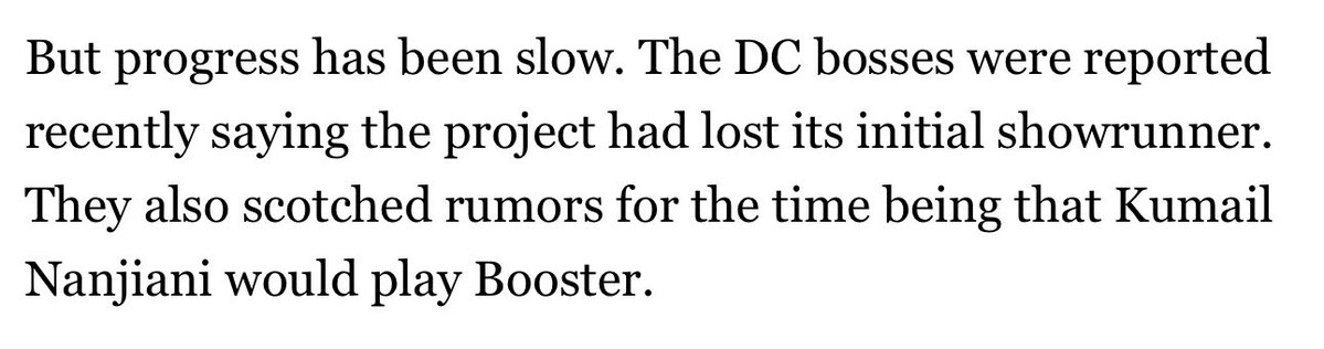 welchsdad's tweet image. People are misquoting the Deadline article, it doesn’t say that Kumail isn’t playing Booster. It says they’ve scotched the rumors “for the time being”