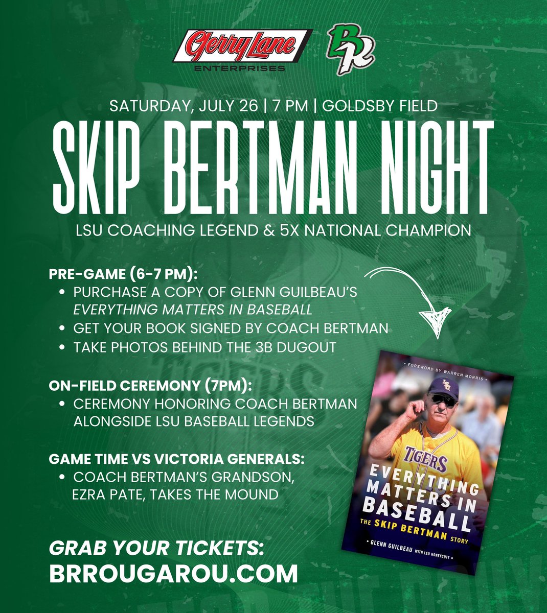 BRRougarou's tweet image. We’re rolling out the purple carpet for the 🐐 of college baseball.
Join us Saturday, July 26, for Skip Bertman night, presented by Gerry Lane, as we honor five-time national champion and LSU coaching legend Skip Bertman!
#SkipBertman #LSUBaseball #SummerBall #CollegeBaseball