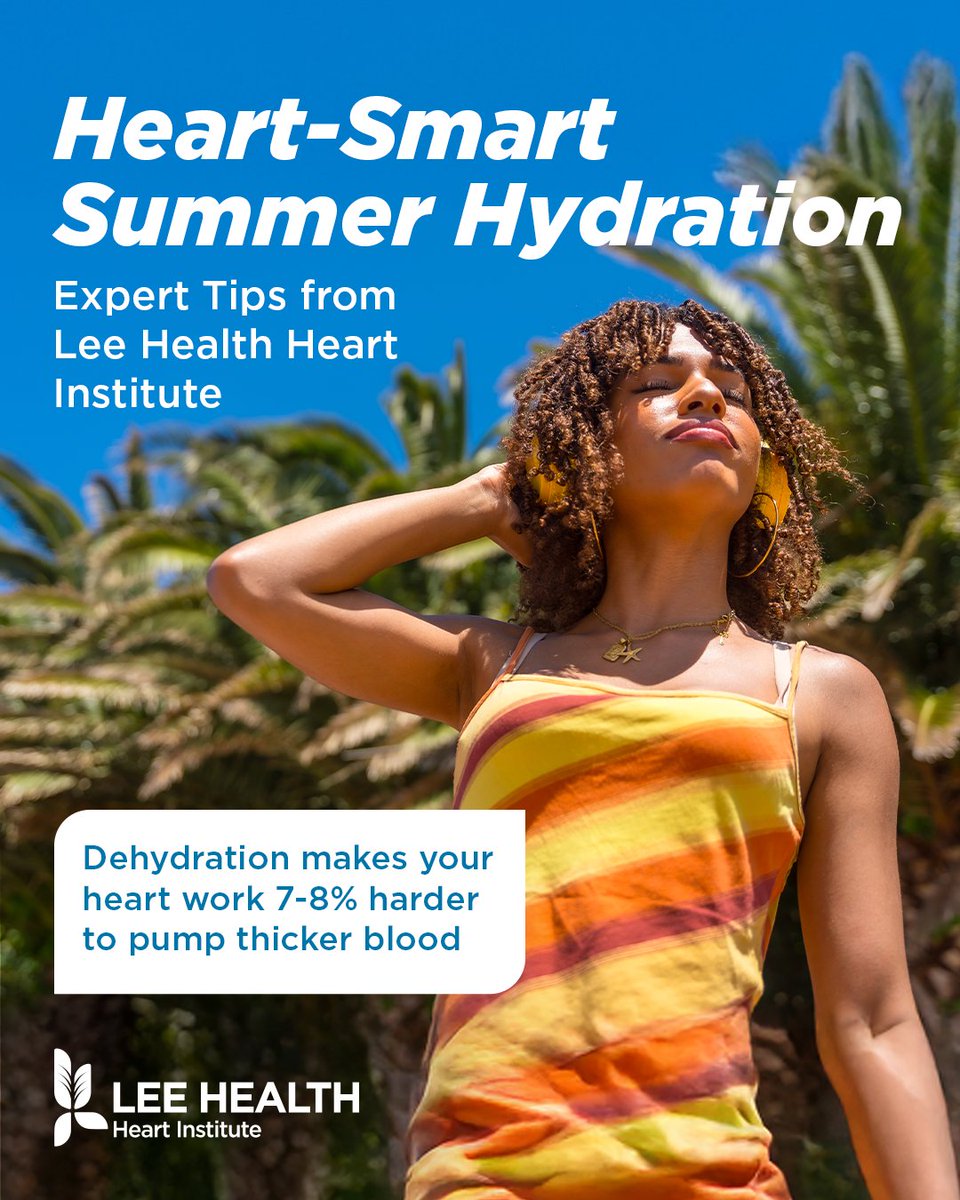 leehealthheart's tweet image. What does your heart go through on a hot summer day? 🫀☀️
At Lee Health Heart Institute, we break down how dehydration affects your heart, and why proper hydration is vital for heart health.
💧 Stay smart. Stay hydrated.
#LeeHealthHeartInstitute #HeartHealth #HydrationTips #SWFL