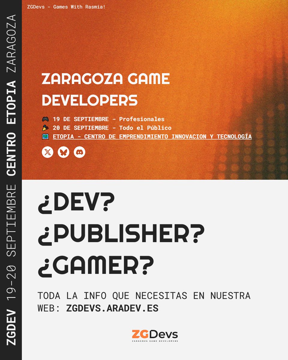Devs, ya es oficial, ya está online nuestra web!!! Entra en zgdevs.aradev.es para descubrir todos los detalles: cómo ser ponente, reservar stand, o simplemente pillar tu entrada para venir como público. ¿Stand, charla o solo hype? Todo está aquí 👇 #zgdevs #GameDev