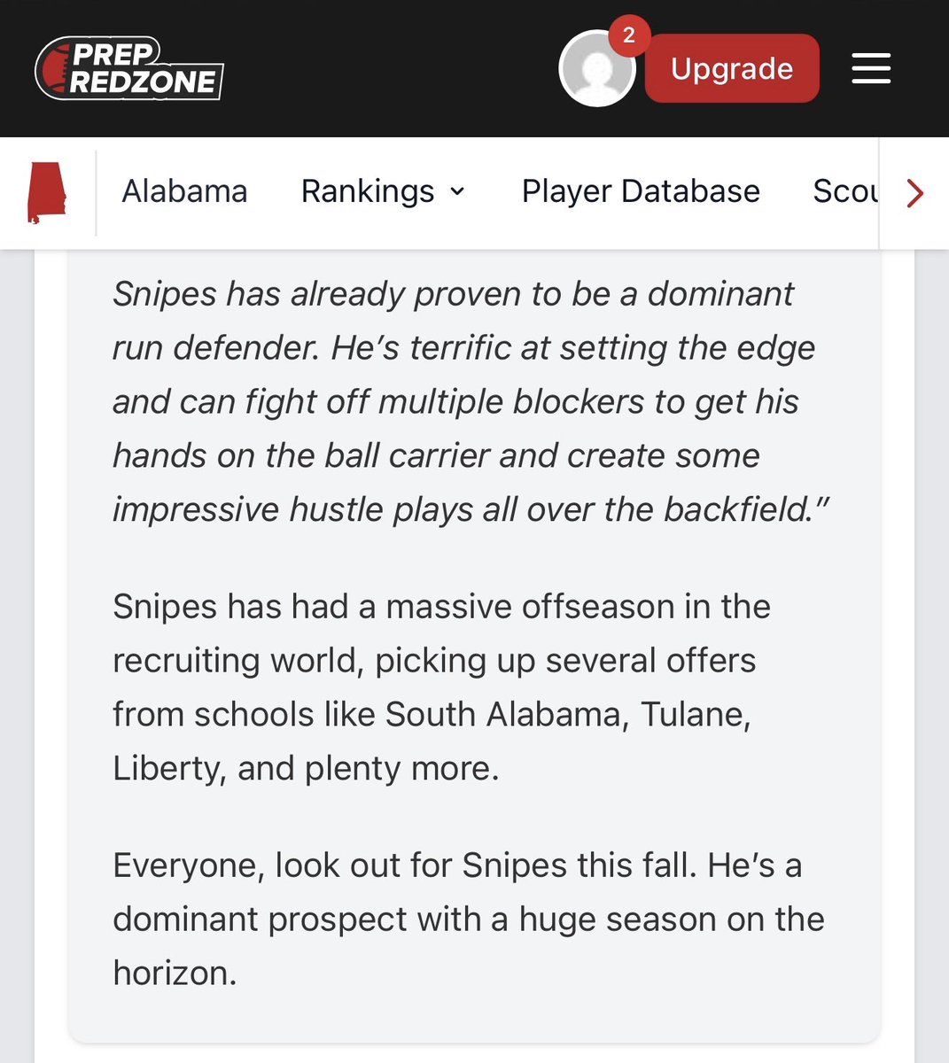 Keoni “peek-a-boo“ Snipes (@_thatkidky_) on Twitter photo Blessed to be moved up to #2 in the state and for the article!!🔥‼️<a href="/PrepRedzoneAL/">Prep Redzone Alabama</a> <a href="/CooperMorreale/">Cooper Morreale</a>
<a href="/tjkelly17/">Jeff Kelly</a> <a href="/GoSaraland/">Spartan Football</a> <a href="/jonhersel/">Coach Hersel</a>
<a href="/CoachLanier34/">Lukador Lanier</a> <a href="/S_Mosley8/">Coach Mosley</a>
<a href="/GregBrown_3/">Greg Brown</a>
<a href="/HallTechSports1/">Hall-Tech Sports</a> <a href="/BrettGreenberg_/">Brett Greenberg</a>
<a href="/CoachSmook/">Coach Smook</a> <a href="/TDARecruiting/">Touchdown Alabama Recruiting</a> <a href="/ScoutFball/">Larry Rudolph</a> <a href="/247Sports/">247Sports</a> <a href="/Rivals/">Rivals</a> <a href="/JosieMPittman/">Josie Pittman</a> Blessed to be moved up to #2 in the state and for the article!!🔥‼️<a href="/PrepRedzoneAL/">Prep Redzone Alabama</a> <a href="/CooperMorreale/">Cooper Morreale</a>
<a href="/tjkelly17/">Jeff Kelly</a> <a href="/GoSaraland/">Spartan Football</a> <a href="/jonhersel/">Coach Hersel</a>
<a href="/CoachLanier34/">Lukador Lanier</a> <a href="/S_Mosley8/">Coach Mosley</a>
<a href="/GregBrown_3/">Greg Brown</a>
<a href="/HallTechSports1/">Hall-Tech Sports</a> <a href="/BrettGreenberg_/">Brett Greenberg</a>
<a href="/CoachSmook/">Coach Smook</a> <a href="/TDARecruiting/">Touchdown Alabama Recruiting</a> <a href="/ScoutFball/">Larry Rudolph</a> <a href="/247Sports/">247Sports</a> <a href="/Rivals/">Rivals</a> <a href="/JosieMPittman/">Josie Pittman</a>