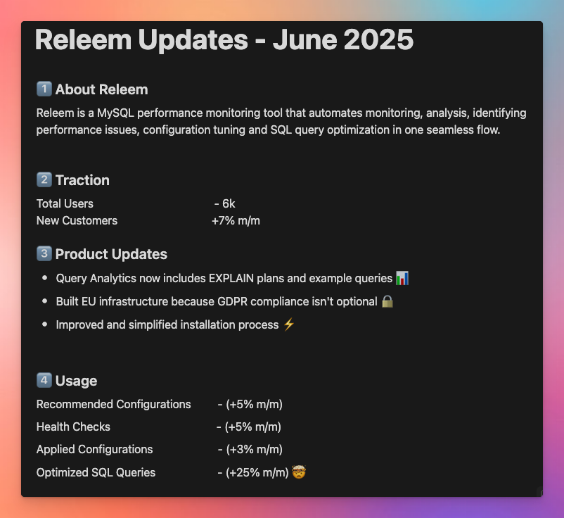 Releem Monthly Report is here 🤓

This month we've delivered the following updates:
- Added EXPLAIN plans and Query Example to Query Analytics
- Built EU infrastructure to comply with GDPR
- Improved and simplified the installation process