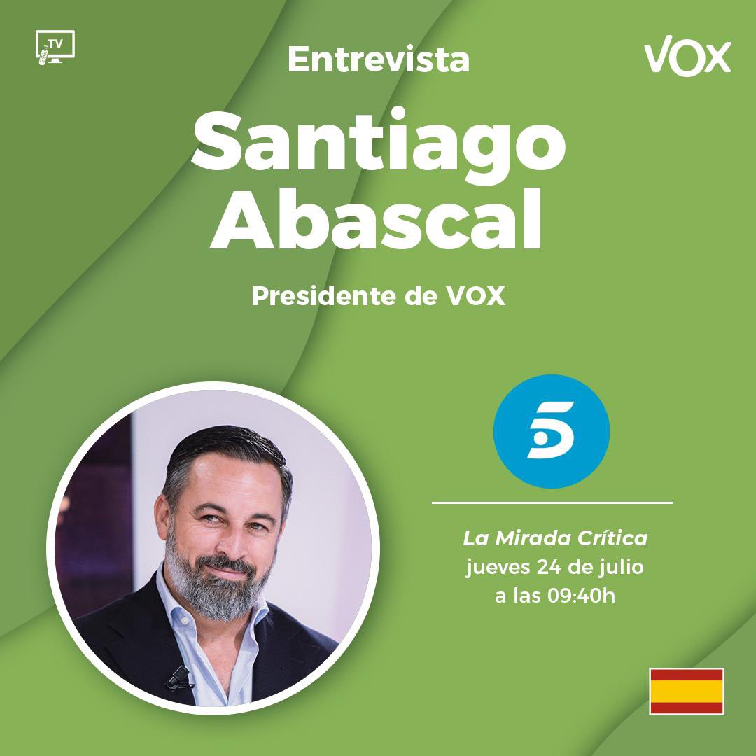 vox_es's tweet image. 📺 @Santi_ABASCAL será entrevistado en @Telecincoes este jueves 24 de julio a partir de las 9:40h.
¡No te lo pierdas!