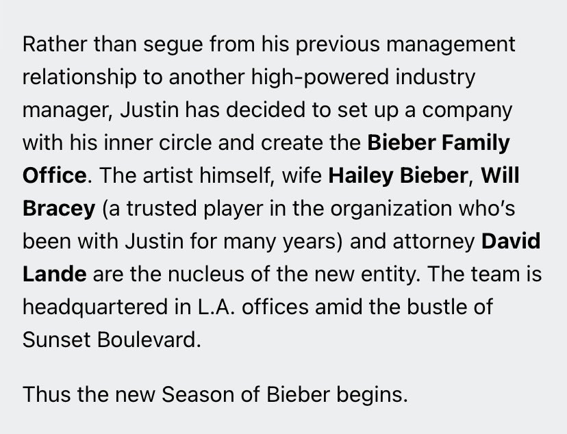 biebrntion's tweet image. JUSTIN AHORA ES EMPRESARIO es ves de buscarse otro manager él decidió crear su propia empresa “Bieber Family Office” junto con hailey