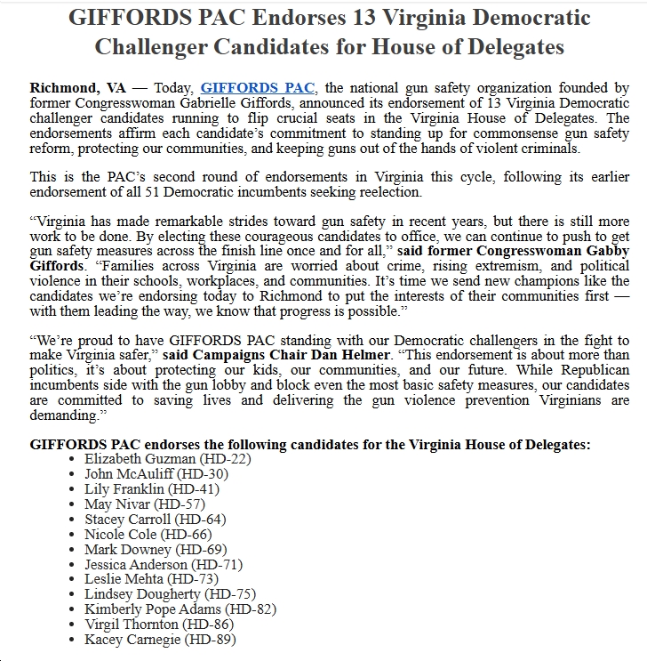 bluevirginia's tweet image. Nice - @GIFFORDS_org PAC Endorses 13 Virginia Democratic Challenger Candidates for House of Delegates bluevirginia.us/2025/07/wednes…
