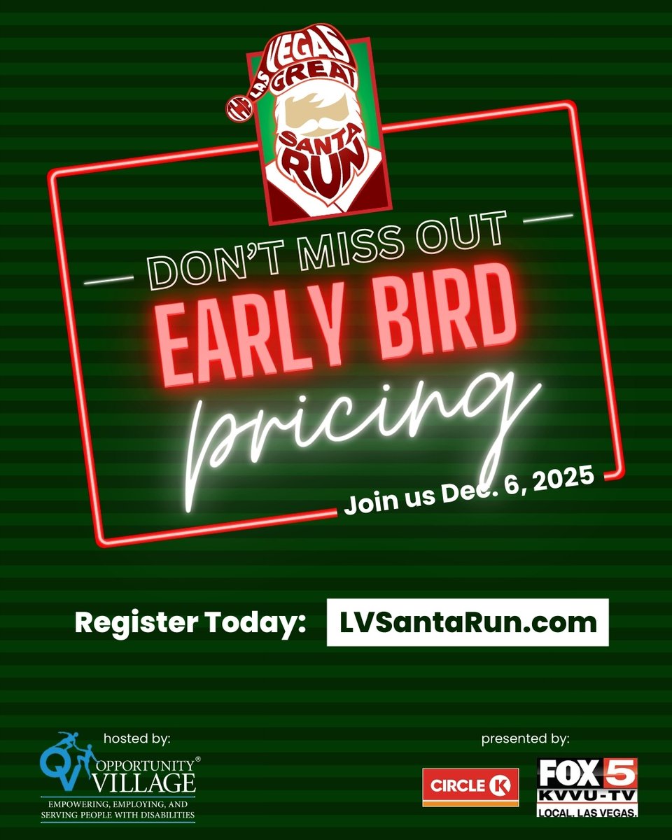 Don't miss out! Only a few days left of early bird pricing. 

Register today at l8r.it/Xcgq and enjoy the lowest registration price of the year!

#RegisterOnline #LasVegasLocal #LVSantaRun #RunForACause  #EarlyBirdPricing #LasVegas #OpportunityVillage ⁠