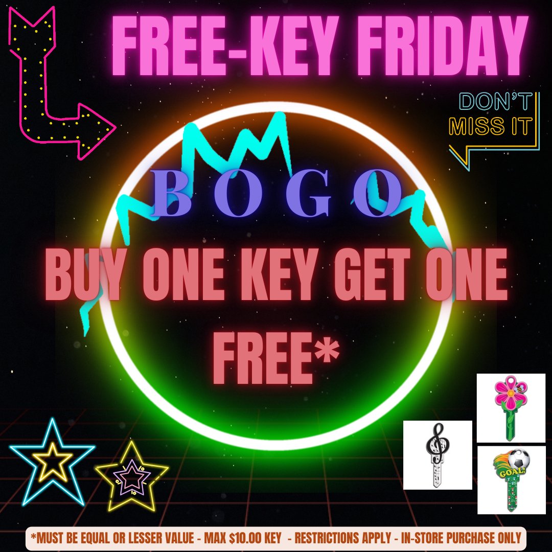 ComlockSecurity's tweet image. 🔑It’s Free-Key Friday! Stop by either Comlock location — Fullerton or Orange — and get a fun, custom key at a great price. Pick your style: sports teams, characters, colors, and more! Looking to protect your home? Call 800-794-4161 ext. 3 to schedule your free alarm consultation