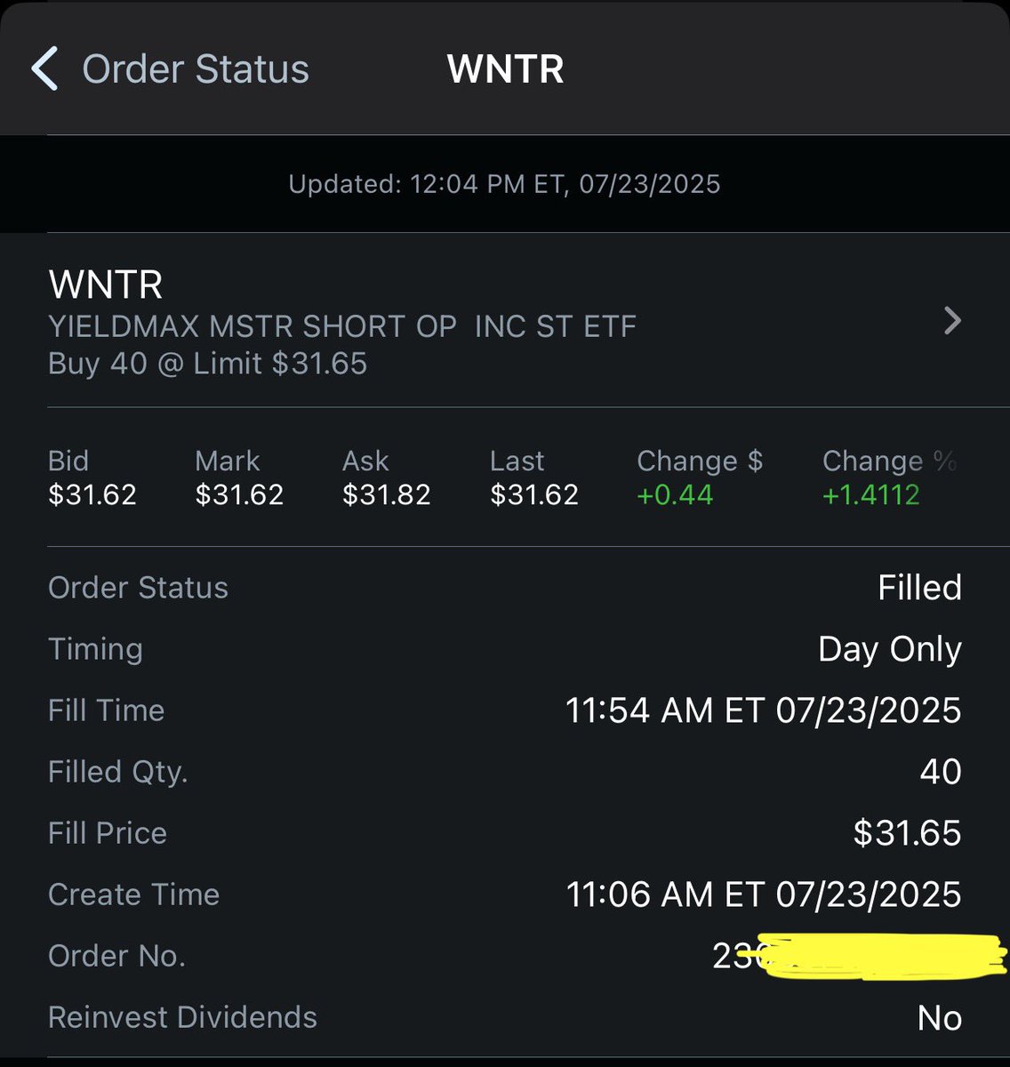 MrShithousery's tweet image. WNTR
Buy-limit order filled.
40 shares @ $31.65.
Comment:
Will look to chill here at 200 total shares, and sprinkle more on extreme pullbacks… Once the bear pivot takes hold, will start building MSTY position.
Long-term:
Seek a 65/35 ratio of MSTY/WNTR.
