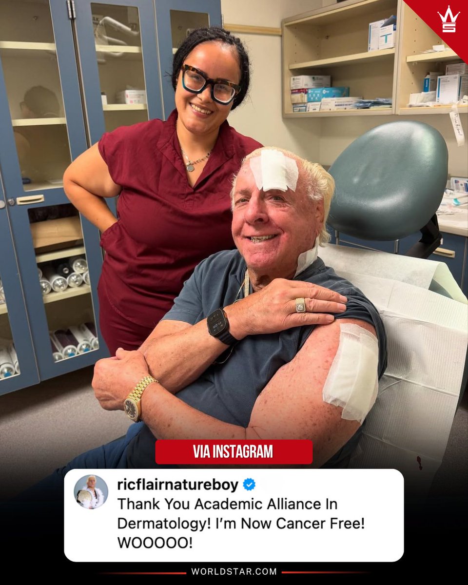 WORLDSTAR's tweet image. WWE legend Ric Flair announces he is officially cancer free after being treated for melanoma. 🙏🙌