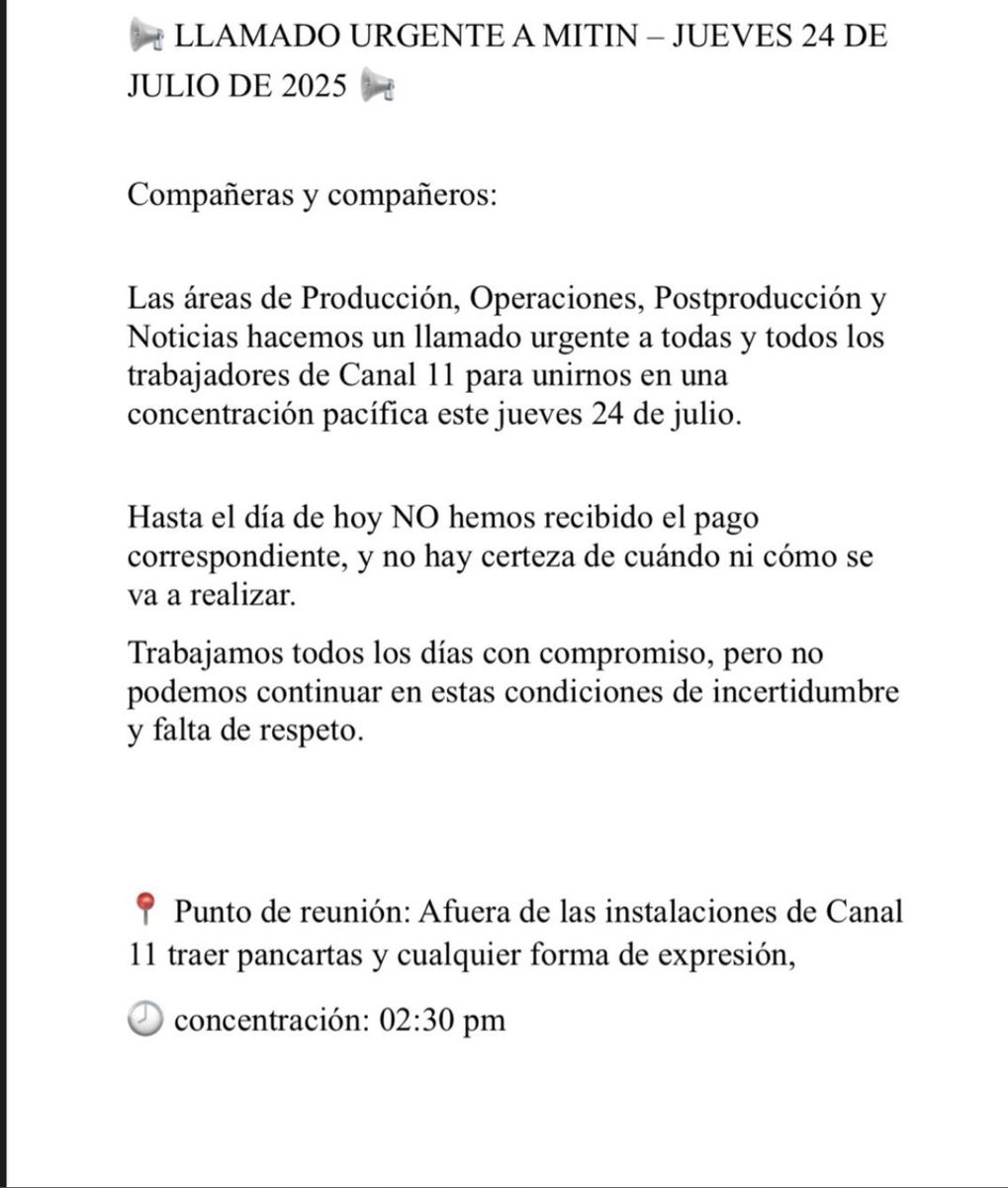 VctorCa07651147's tweet image. La presidenta, @Claudiashein, dijo que la tv pública no es del gobierno, ¿entonces porque se incluyó a @CanalOnceTV en la “Ley de Adquisiciones” que tiene sin cobrar desde el 15 de julio a casi 800 “proveedores”? Este jueves los afectados harán un mitin. Hay hartazgo y enojo.
