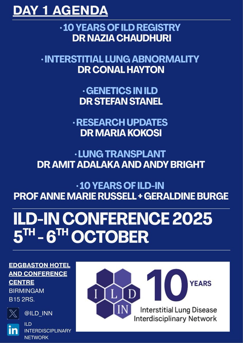 Here is the agenda for Day 1 of this year's conference celebrating 10 years of ILD-IN! Experts in their field will be discussing key topics in ILD and we'd love you to be there. Early bird discounts available until 2nd September.

ild-in.org.uk/conference/