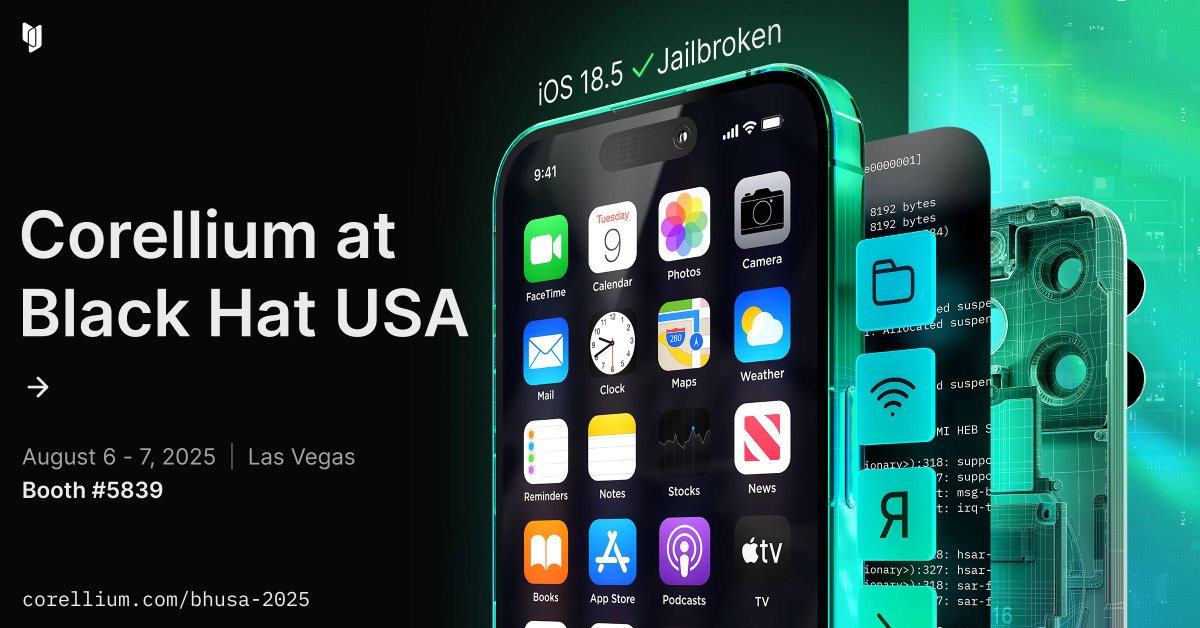 CorelliumHQ's tweet image. See Corellium at #BlackHat USA 2025 - Booth #5839 and discover how our Viper platform lets you test real iOS & Android binaries on scalable virtual devices.
Book a meeting → Get a $25 Amazon Gift Card + chance to win $250
buff.ly/gECJ0IX