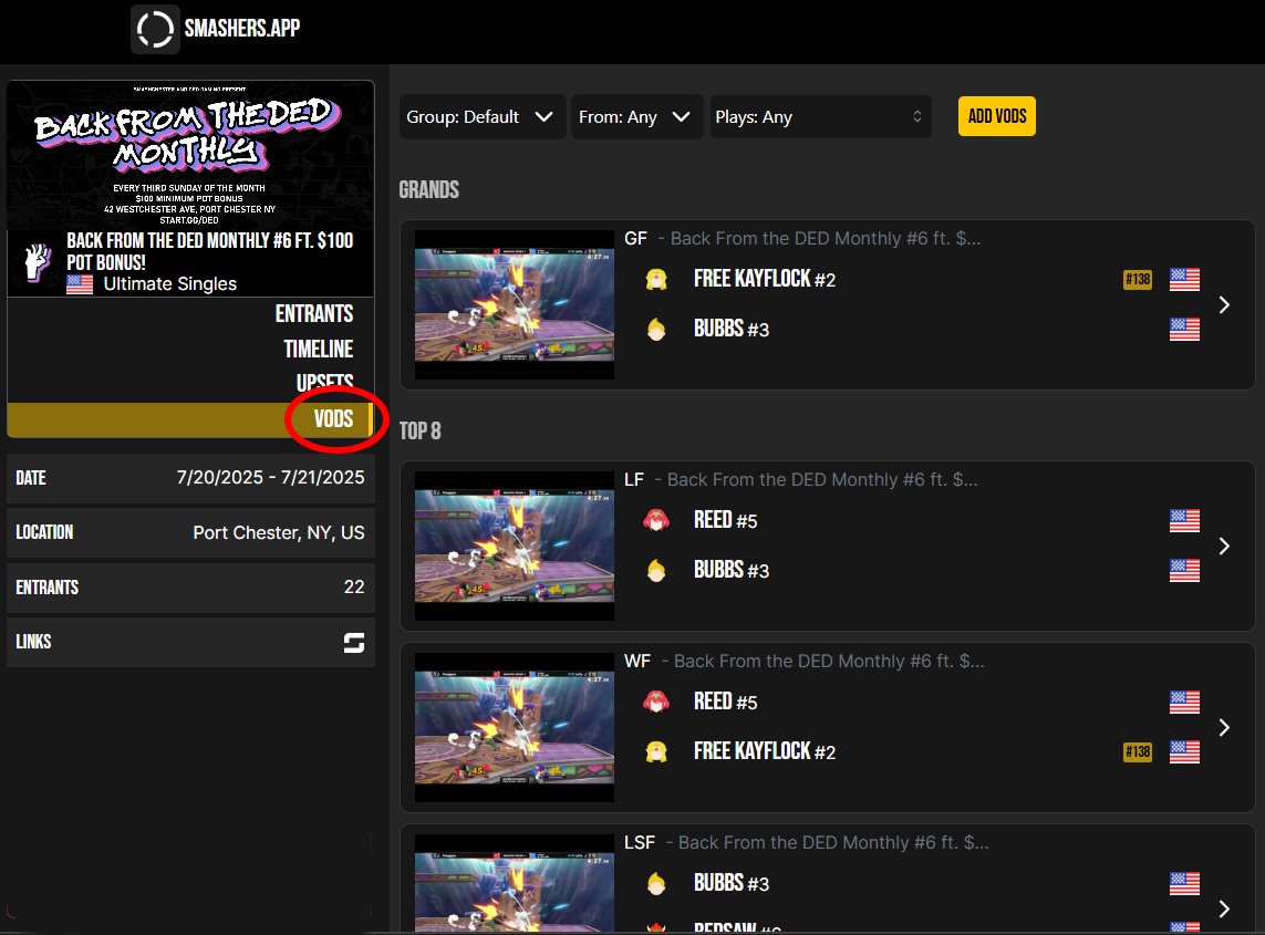 smashchester's tweet image. In addition to finding all of our tournament VODs on our YouTube channel, you can now find them on Smashers App!
Click the 'VODS' button on the bracket page to find the sets you want to watch: