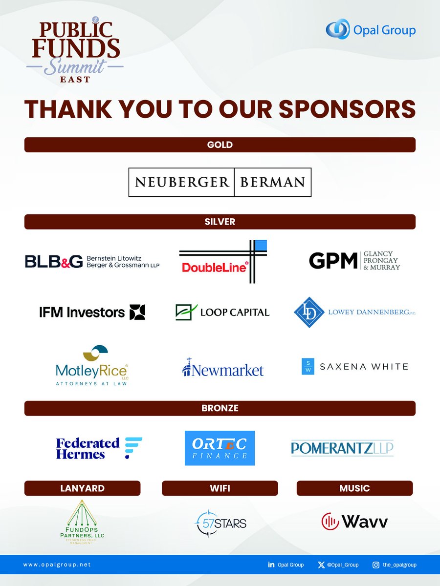 Opal_Group's tweet image. We thank our valued sponsors for their support of the Public Funds Summit East 2025.馃檶
Your contribution played a vital role in the success of the event and in driving meaningful industry dialogue.
#OpalGroup #OpalGroupPFSE #PublicFunds #Finance #Investing #Sponsorship