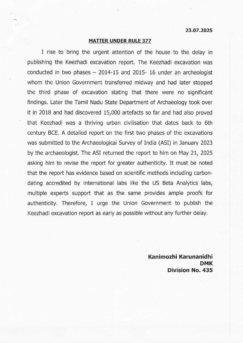 KanimozhiDMK's tweet image. Today in Parliament, I urged the Union Government to immediately publish the Keezhadi excavation report without further delay.
Despite scientific validation from internationally accredited labs confirming Keezhadi’s antiquity, the Union continues to withhold the report. This…
