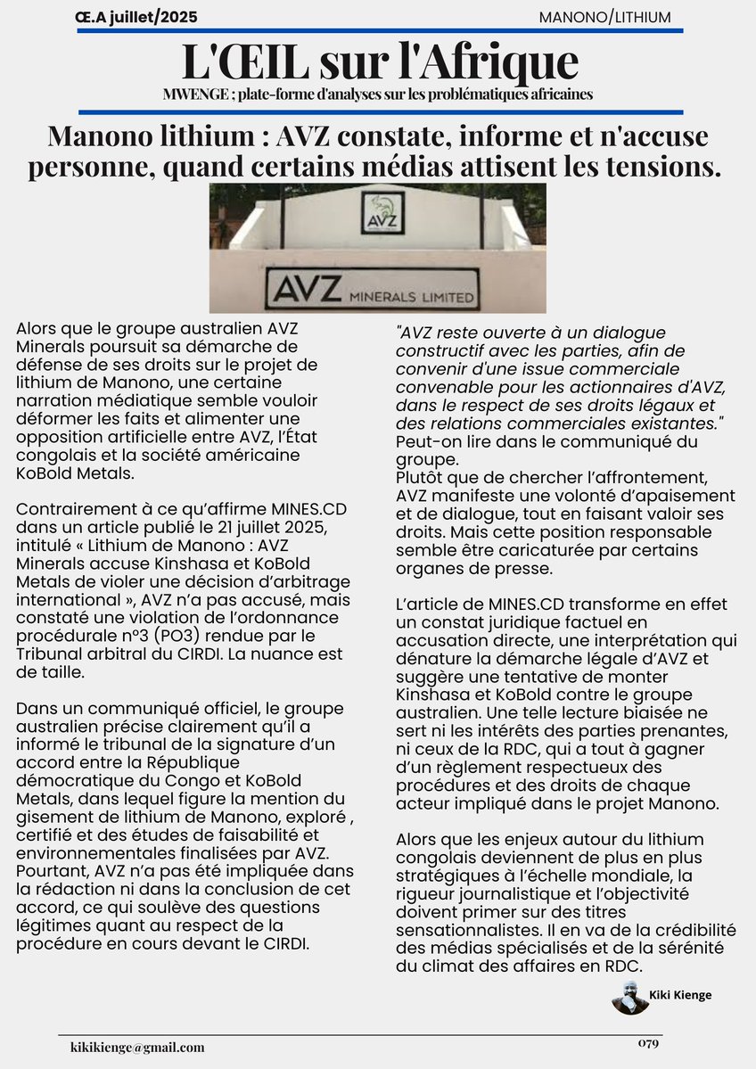KiengeKki's tweet image. #Mines_RDC🇺🇸
#Lithium de #Manono : $AVZ constate, informe et n'accuse, tandis que certains médias attisent les tensions.
Par Kiki #Kienge
Alors que le groupe australien AVZ Minerals poursuit sa démarche de défense de ses droits sur le projet de lithium de Manono, une certaine…