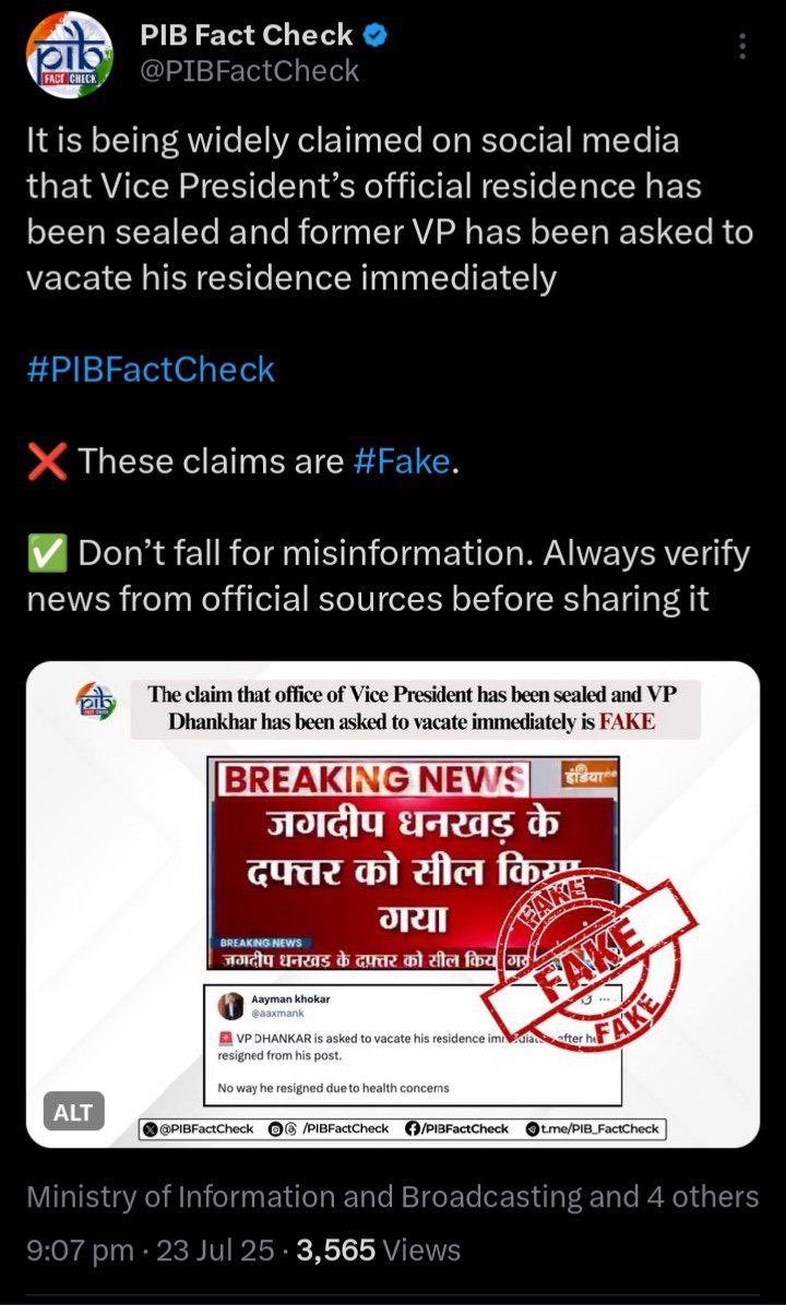 FrontalForce's tweet image. BREAKING- Reports about Vice President’s official residence in New Delhi being sealed is fake news.