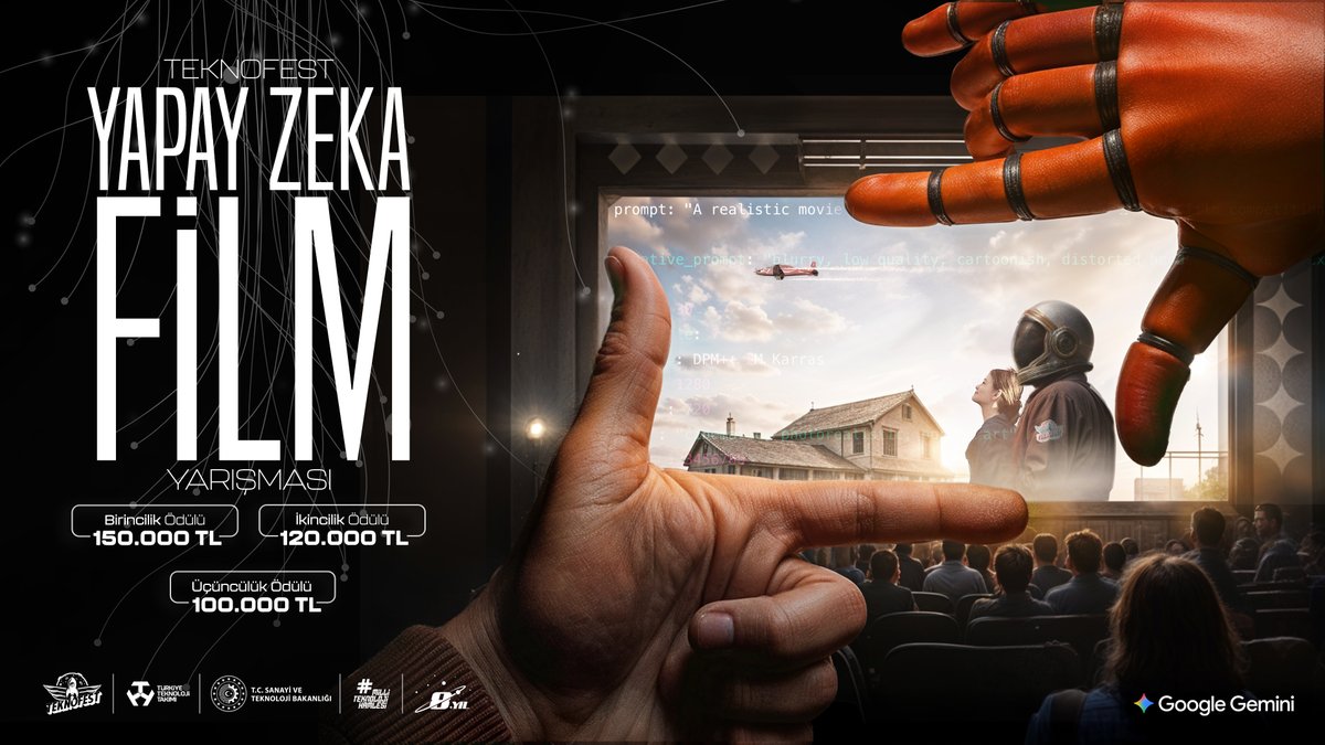 teknofest's tweet image. ✦ #TEKNOFEST Yapay Zeka Film Yarışması 🚀🎬
Yapay zeka ve sanatı buluştur, ❝#TEKNOFEST’i Senin Gözünden Seyredelim!❞ 🎞
Bu yıl ilk kez düzenlenecek yarışmamızda;
➔ Google Gemini ile senaryonu yaz.
➔ Google Veo 3 ile sahneleri canlandır.
➔ 2-5 dakikalık kısa filmin…