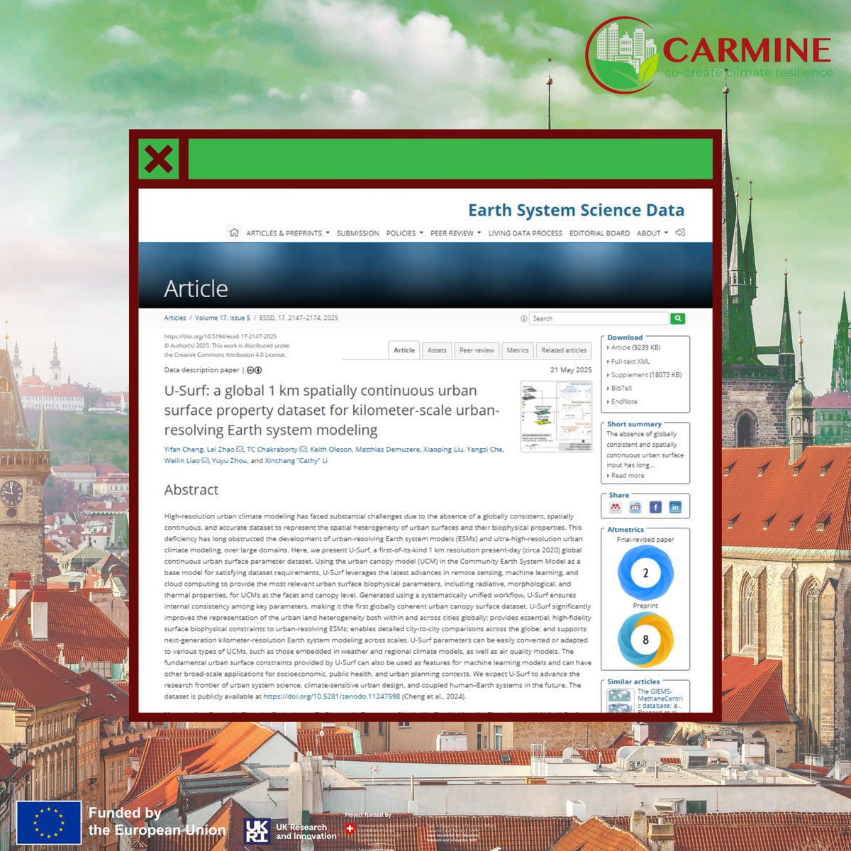 🚨 New from #CARMINE: U-Surf — the 1st global 1 km #urban dataset for climate models 🌍🏙️

Led by Yifan Cheng w/ key support from B-Kode, U-Surf improves risk modeling + urban climate adaptation

📰 Learn more: carmine-project.eu/index.php/2025…

#USurf #ClimateAdaptation #UrbanClimate