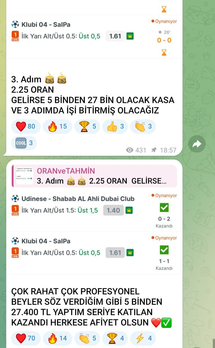 KANALIMIZDA 5 BİNDEN 25 BİNE ROLLİNG YAPTIK VE 3 ADIMDA HERKESE KAZANDIRDIK. 5 BİNDEN 27 BİN OLDU KASALAR. DEVAMI ÜCRETSİZ KANALIMIZ DA

t.me/oranvetahmin
