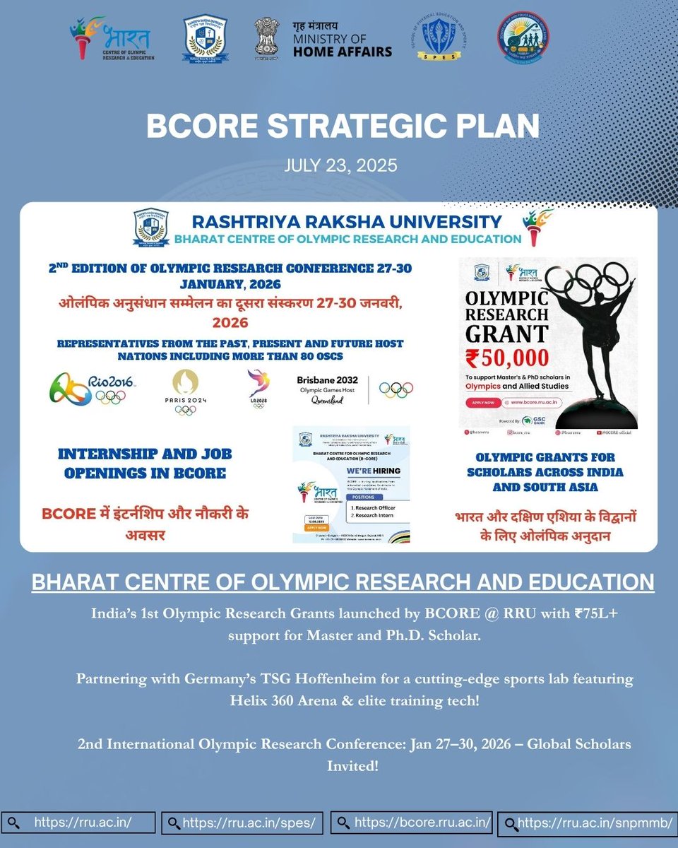RakshaUni's tweet image. BCORE at RRU will collaborate with Germany’s TSG Hoffenheim to build a performance and assessment lab for India’s security forces & athletes, featuring Helix 360 Arena, psychological profiling & more.
Also announced: The 2nd Intl. Olympic Research Conference (Jan 27–30, 2026).…