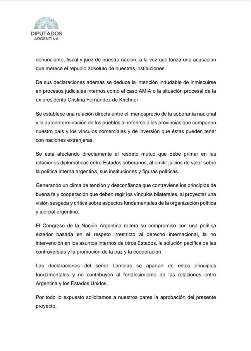 📄 • Diputados y diputadas de nuestro bloque presentaron un proyecto para declarar a Peter Lamelas "Persona No Grata".

Sus repudiables e inaceptables declaraciones constituyen una flagrante violación de la soberanía argentina. 

El proyecto presentado también insta al Poder