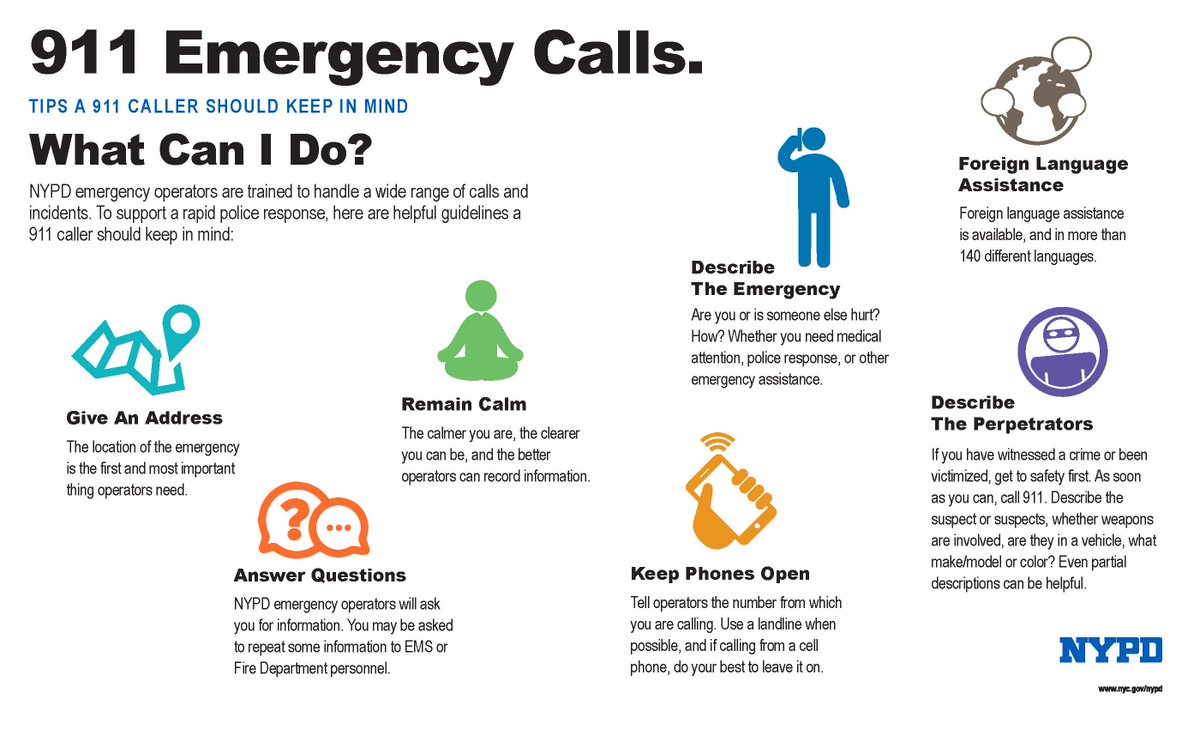 NYPD62Pct's tweet image. When you call 911, there are some things that are crucial to tell the operator:
🚨 Take a deep breath, remain calm
🚨 Give your address
🚨 Describe the emergency
🚨 Describe the perpetrators
🚨 Answer questions
🚨 Keep your phone near you