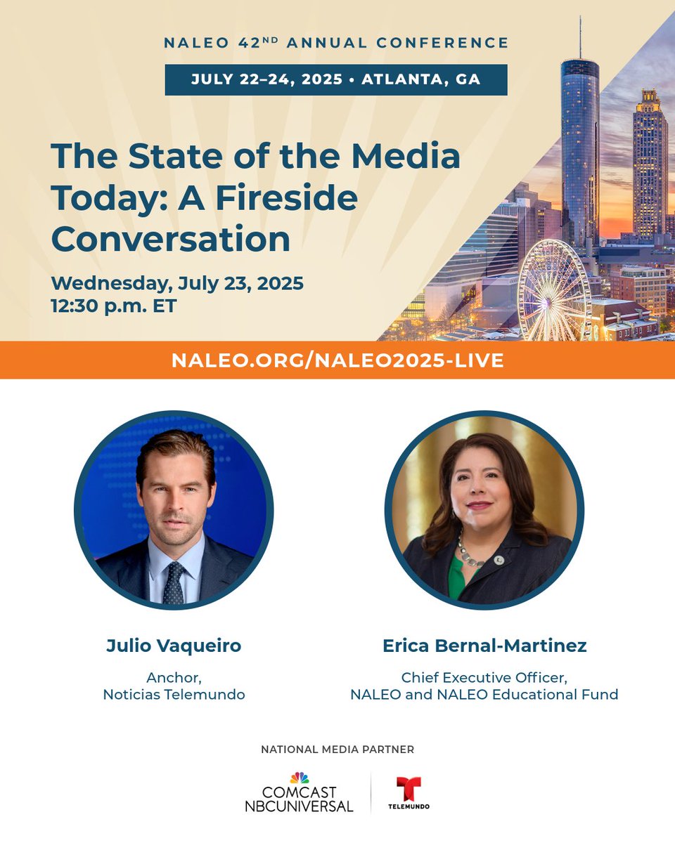 NALEO Educational Fund (@naleo) on Twitter photo A Vital Conversation at #NALEOAtlanta! 🗳️🍑
<a href="/TelemundoNews/">Noticias Telemundo</a>’s @julio_vaqueiro and our own Erica Bernal-Martinez will dive into "The State of the Media Today" — an exploration of how journalism, civic engagement, and the Latino electorate intersect.
🔴 naleo.org/naleo2025-live/ A Vital Conversation at #NALEOAtlanta! 🗳️🍑
<a href="/TelemundoNews/">Noticias Telemundo</a>’s @julio_vaqueiro and our own Erica Bernal-Martinez will dive into "The State of the Media Today" — an exploration of how journalism, civic engagement, and the Latino electorate intersect.
🔴 naleo.org/naleo2025-live/