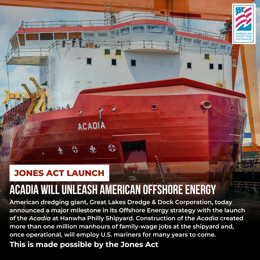 AMPmaritime's tweet image. Great Lakes Dredge & Dock's new subsea rock installation vessel, built with American steel from the great state of Ohio, is set to begin operations soon.
It will be crucial for scour protection for offshore energy development, including wind farms and oil & gas pipelines. 🇺🇸