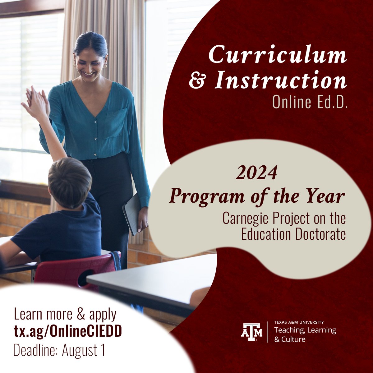 cehdtamu's tweet image. There is still time to join our award winning online Ed.D. in Curriculum and Instruction. Our program offers the flexibility and depth to help you grow as an educational leader on your schedule.
Apply by August 1 to join the Spring 2026 cohort: tx.ag/OnlineCIEDD/