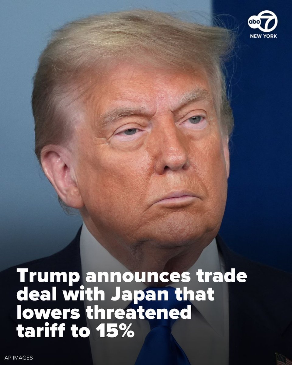 ABC7NY's tweet image. Story here 👉️ 7ny.tv/4fnVuqB President Donald Trump announced a trade framework with Japan on Tuesday, placing a 15% tax on goods imported from that nation.
