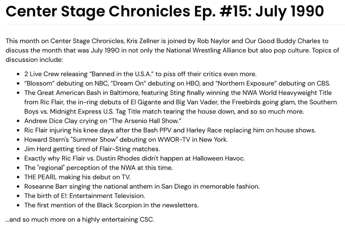 BTSheetsPod's tweet image. New Center Stage Chronicles in the @BTSheetsPod feed covering July 1990! Great American Bash PPV featuring Sting winning the NWA Title from Ric Flair in his return, THE PEARL debuts on TV in infamous fashion, the 1st mention of the Black Scorpion, & more. redcircle.com/shows/f0ecb959…