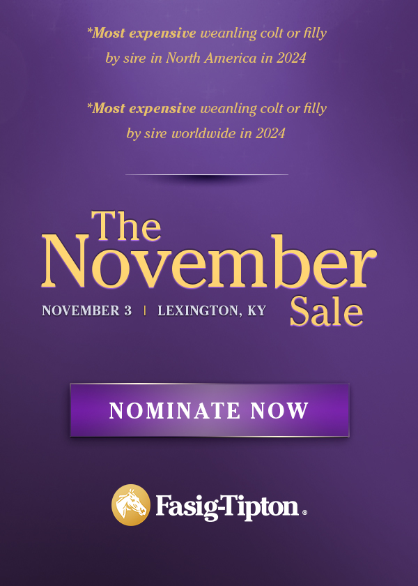 FasigTiptonCo's tweet image. 💎 Nominations are OPEN for The November Sale at Fasig-Tipton!
Learn more at november.fasigtipton.com. #FasigNovember