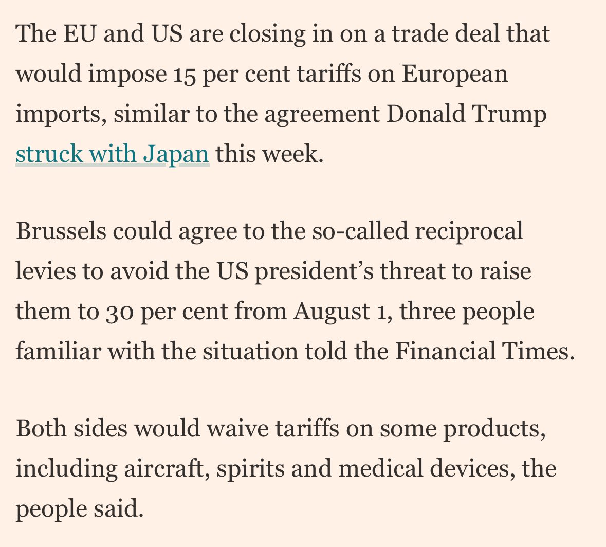 CWRoehl's tweet image. Die FT meldet, dass die EU mit den USA einen ähnlichen Zoll-Deal abschließen wird wie Japan: 15% auf alles, sogar Autos – und keine Zölle auf Flugzeuge, medizinische Geräte und Spirituosen.
#DAX springt nachbörslich um 150 Punkte (0,6%) nach oben. Mal abwarten, was dran ist…