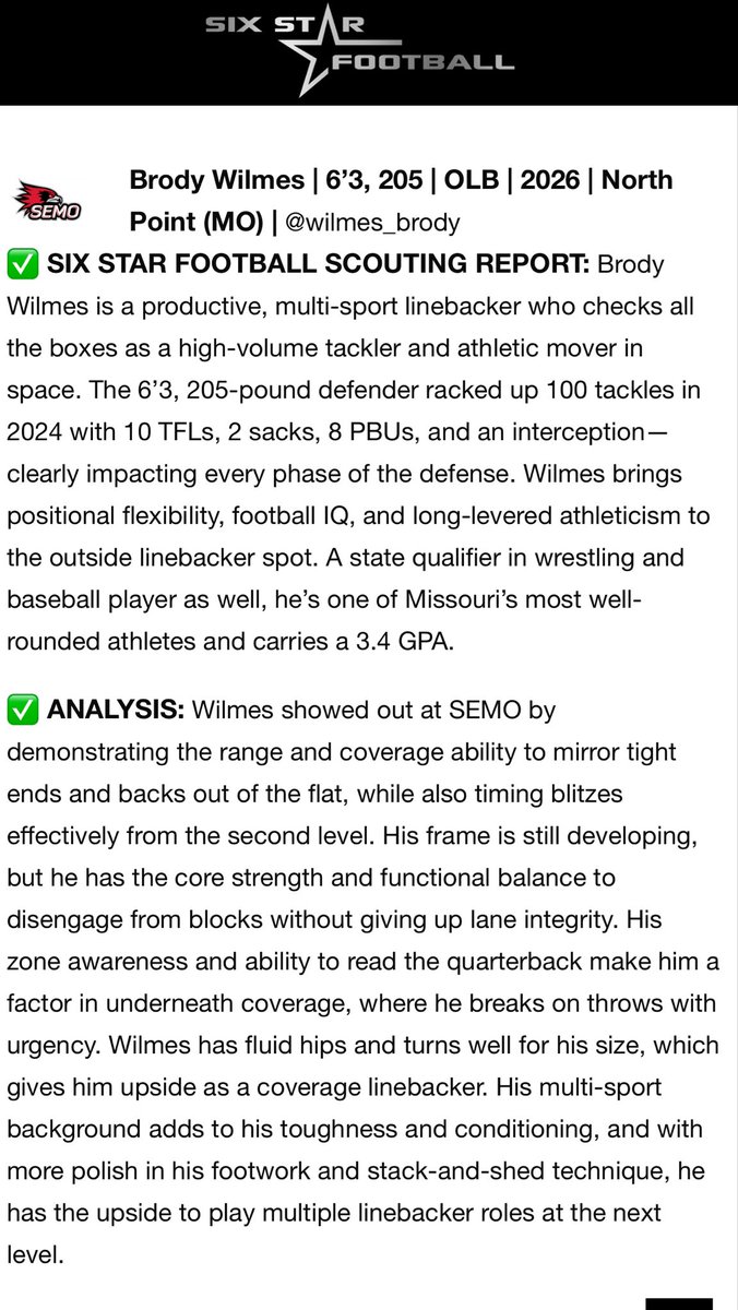 brody_wilmes (@wilmes_brody) on Twitter photo Thanks for the great write up. Enjoyed competing at <a href="/SEMOfootball/">SEMO Football</a> camp this past weekend. <a href="/NPGrizzliesFB/">North Point Grizzlies Football</a> <a href="/CoachZangriles/">Coach Zangriles</a> <a href="/NPCoachHankins/">Brandon Hankins</a> <a href="/CoachGregory77/">Coach Gregory</a> <a href="/CoachMyersNP/">Coach Myers</a> <a href="/JPRockMO/">JP Rock</a> <a href="/GSV_STL/">Gateway Sports Venue</a> <a href="/PrepRedzoneMO/">Prep Redzone Missouri</a> <a href="/n_parrott478/">Nicholas Parrott</a> <a href="/N_W_Sports/">Nation Wide Sports!</a> <a href="/SportswithEj/">Coach EJ</a> <a href="/GatewayGrid/">Gateway Gridiron</a> <a href="/CoachDaniels06/">Coach Daniels</a> Thanks for the great write up. Enjoyed competing at <a href="/SEMOfootball/">SEMO Football</a> camp this past weekend. <a href="/NPGrizzliesFB/">North Point Grizzlies Football</a> <a href="/CoachZangriles/">Coach Zangriles</a> <a href="/NPCoachHankins/">Brandon Hankins</a> <a href="/CoachGregory77/">Coach Gregory</a> <a href="/CoachMyersNP/">Coach Myers</a> <a href="/JPRockMO/">JP Rock</a> <a href="/GSV_STL/">Gateway Sports Venue</a> <a href="/PrepRedzoneMO/">Prep Redzone Missouri</a> <a href="/n_parrott478/">Nicholas Parrott</a> <a href="/N_W_Sports/">Nation Wide Sports!</a> <a href="/SportswithEj/">Coach EJ</a> <a href="/GatewayGrid/">Gateway Gridiron</a> <a href="/CoachDaniels06/">Coach Daniels</a>