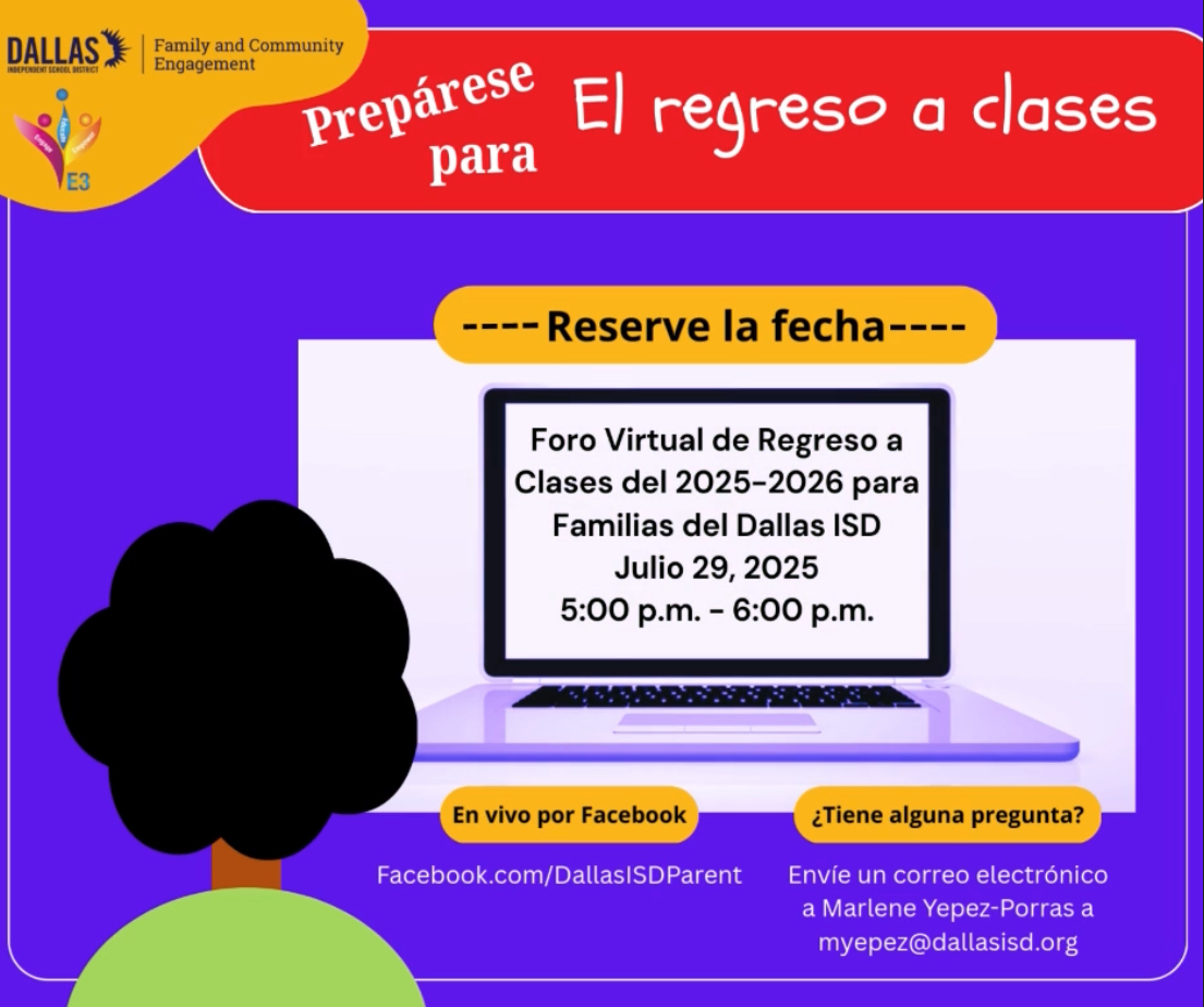 Seagoville_ES's tweet image. To help families prepare for 2025–2026 school year, Dallas ISD will host a district-wide Facebook Live session featuring key departments, who will be available to answer questions and share important resources in real time. Please see the flyer for more details. @dallasisdparent