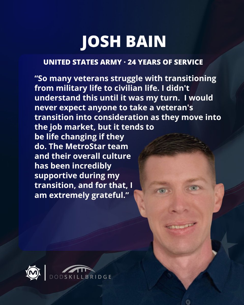 MetroStar (@metrostarsystem) on Twitter photo Two incredible veterans, each with 20+ years of service, joined MetroStar through the <a href="/DoDSkillBridge/">DoD SkillBridge</a> program in partnership with @HiringOurHeroes.
Meet our 2025 SkillBridge Cohort and hear their reflections as they wrap up their time with MetroStar. Learn more: Two incredible veterans, each with 20+ years of service, joined MetroStar through the <a href="/DoDSkillBridge/">DoD SkillBridge</a> program in partnership with @HiringOurHeroes.
Meet our 2025 SkillBridge Cohort and hear their reflections as they wrap up their time with MetroStar. Learn more:
